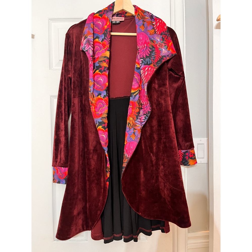 Katrin Leblond Burgundy Velvet Floral Trim Open Swing Coat Jacket